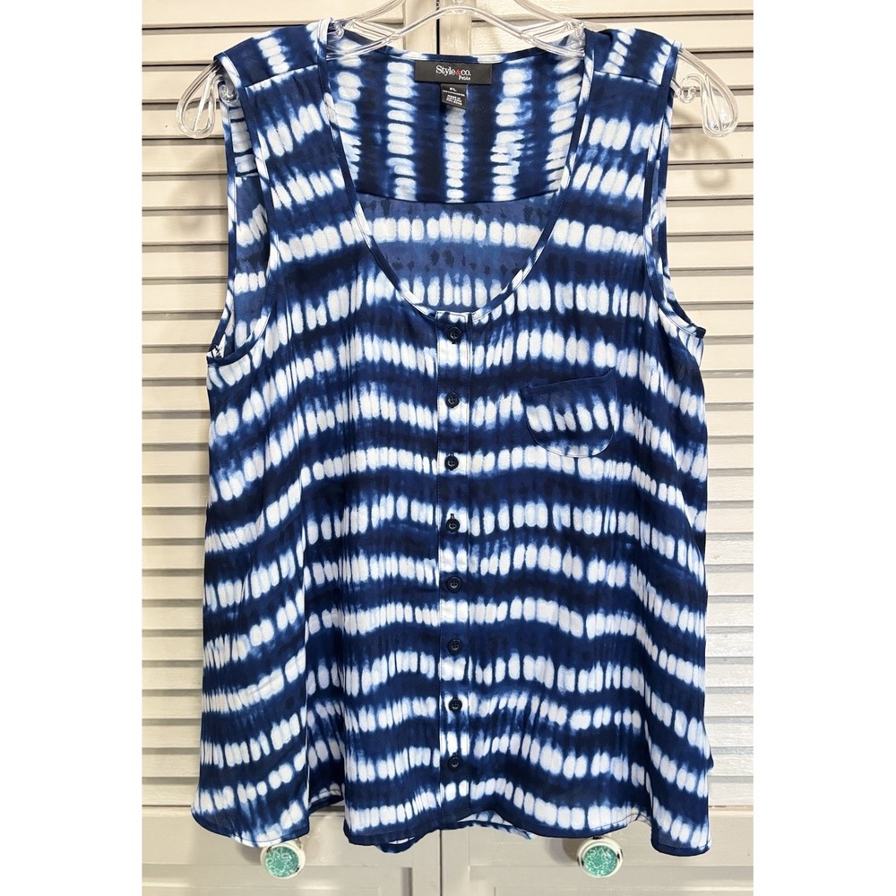 Style & Co Tie Dye Chiffon Sleeveless Blouse Size PL Button Pocket Flowy
